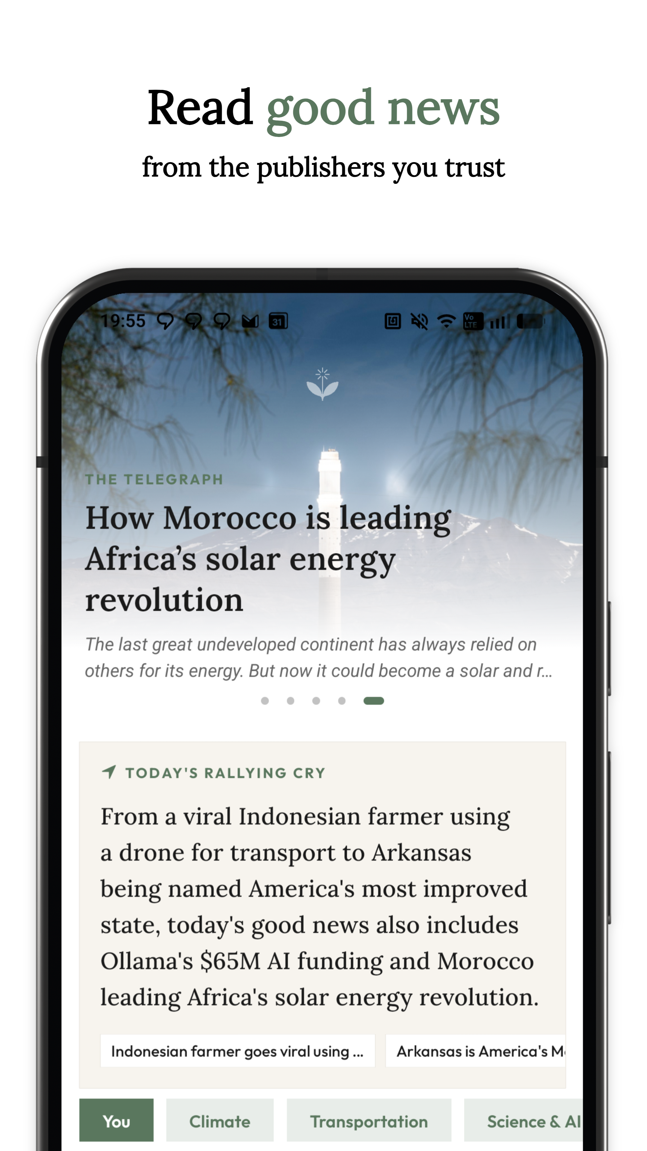 The Rally news feed showing a Telegraph story and category tabs